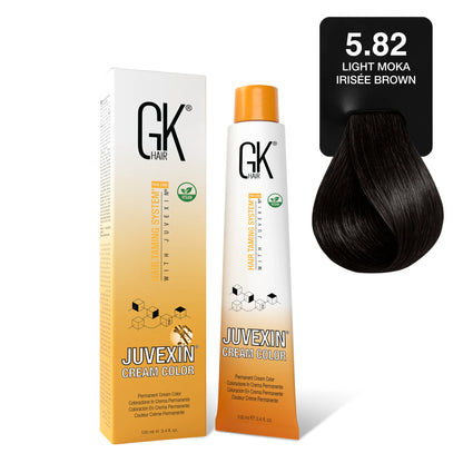 GK Hair's Juvexin 5.82 Light Moka Irisee Brown Cream Color product set includes Volume Developer.
