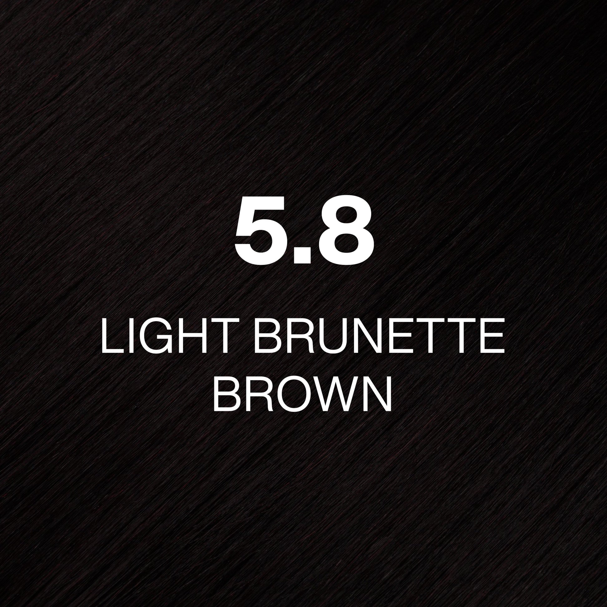 Silky hair texture showcasing the GK Hair's Juxevin Cream Color "5.8 Light Brunette Brown" in bold white text.