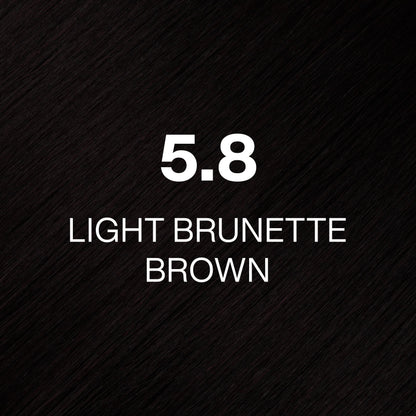 Silky hair texture showcasing the GK Hair's Juxevin Cream Color "5.8 Light Brunette Brown" in bold white text.