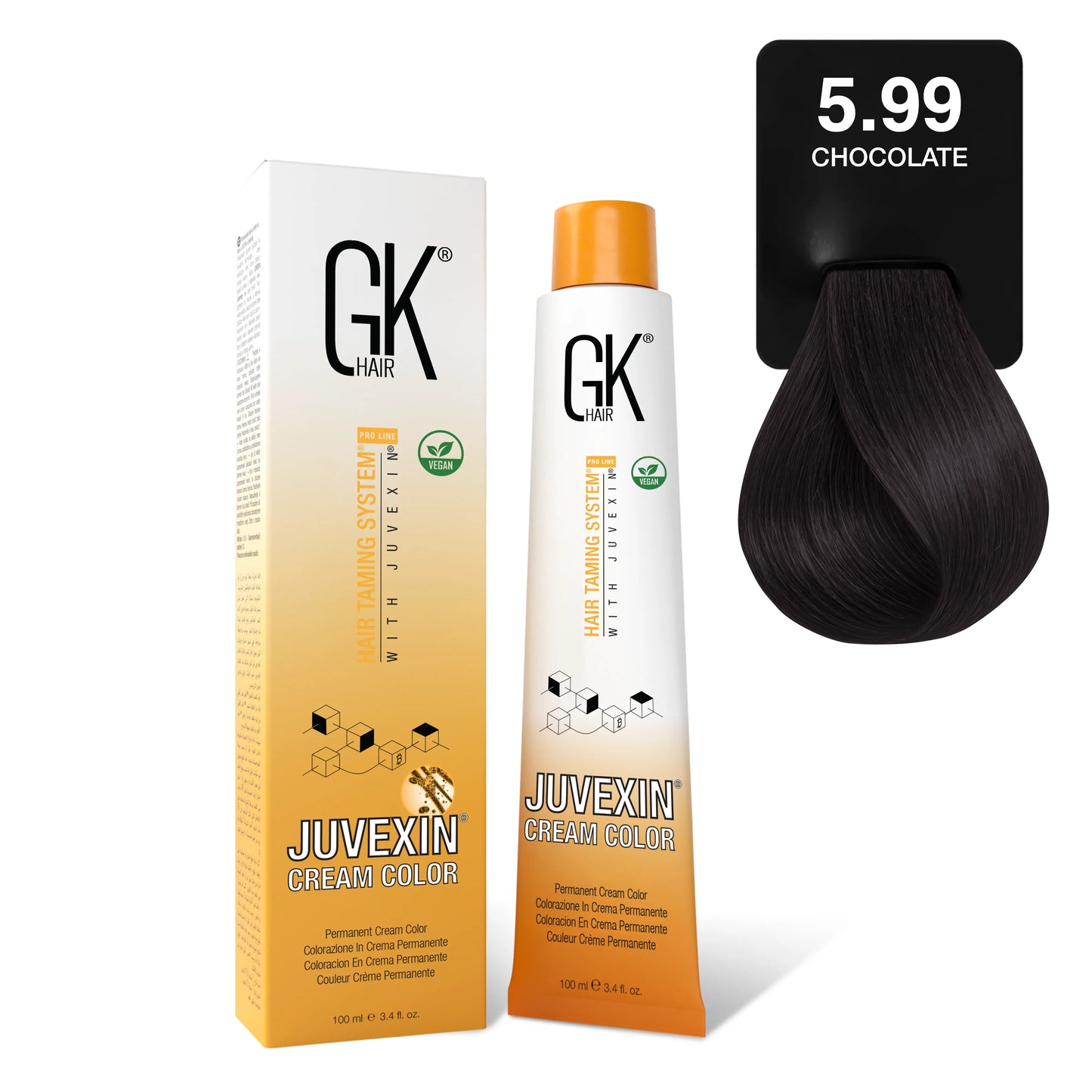 GK Hair's Juvexin 5.99 Chocolate Cream Color product set including Volume Developer.