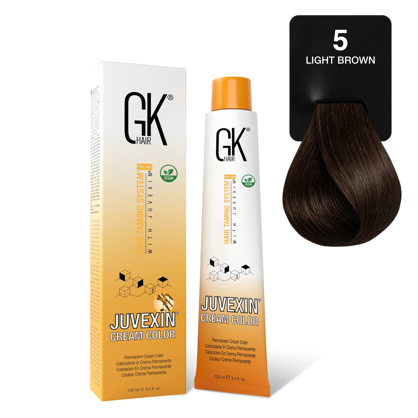 GK Hair's Juvexin 5 Light Brown Cream Color product set including Volume Developer.