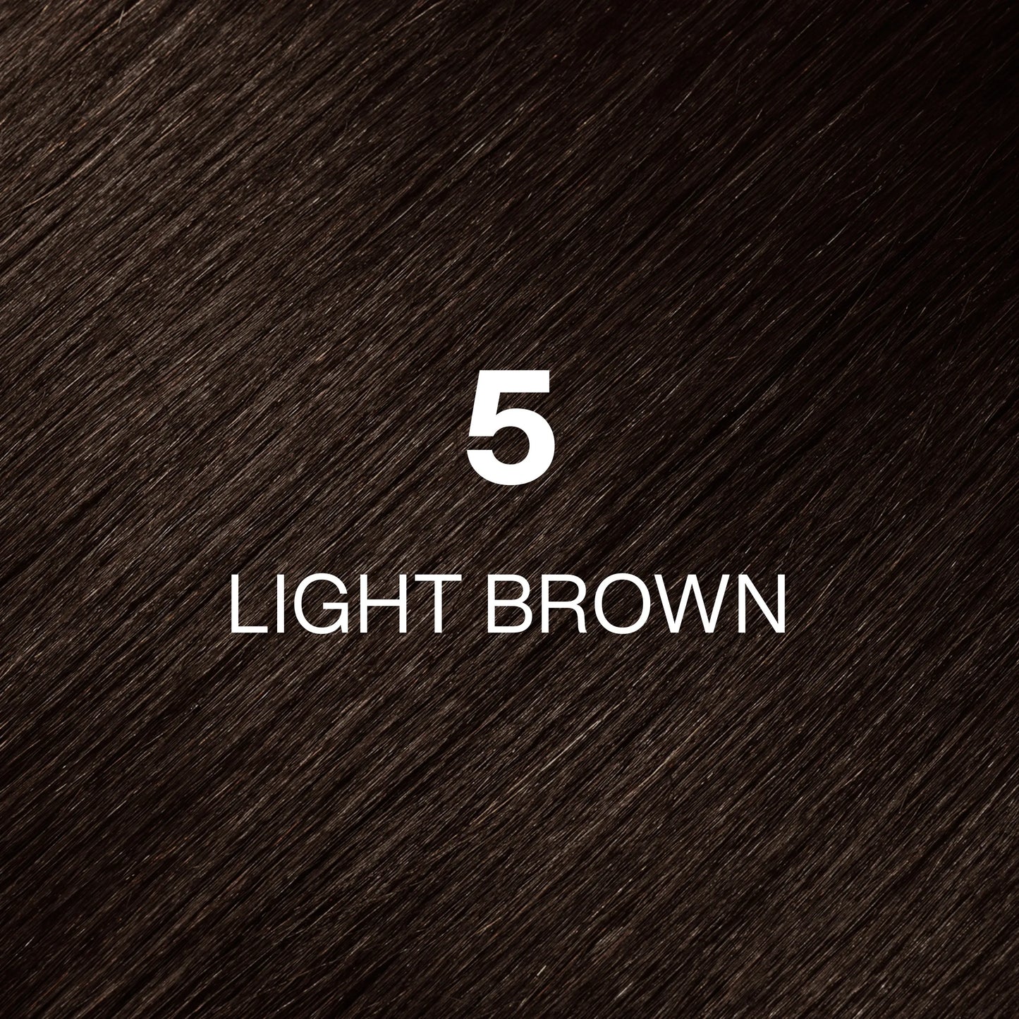 Silky hair texture showcasing the GK Hair's Juxevin Cream Color "5 Light Brown" in bold white text.
