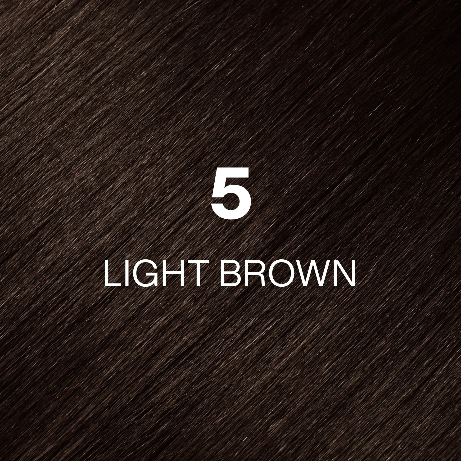 Silky hair texture showcasing the GK Hair's Juxevin Cream Color "5 Light Brown" in bold white text.