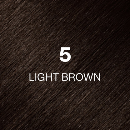 Silky hair texture showcasing the GK Hair's Juxevin Cream Color "5 Light Brown" in bold white text.
