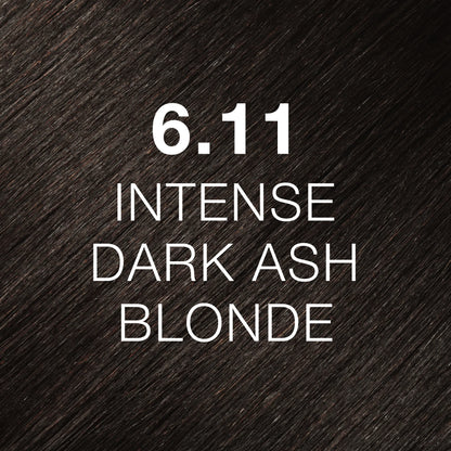 Silky hair texture showcasing the GK Hair's Juxevin Cream Color "6.11 Intense Dark Ash Blonde" in bold white text.