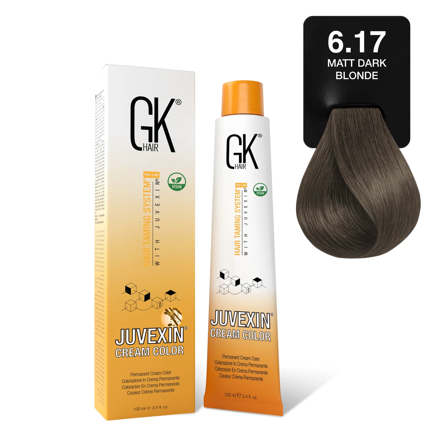 GK Hair's Juvexin 6.17 Matt Dark Blonde Cream Color product set including Volume Developer with white background.