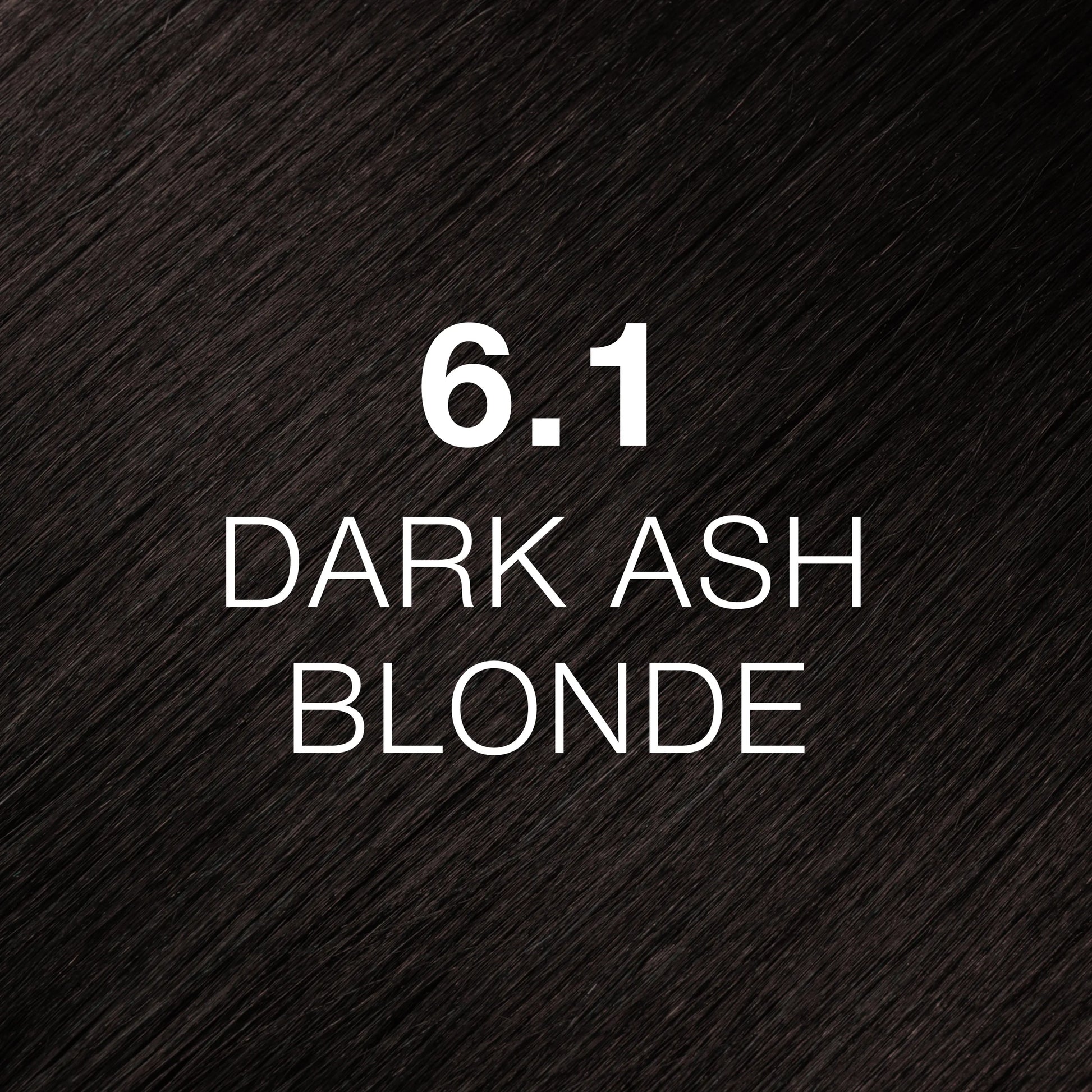 Silky hair texture showcasing the GK Hair's Juxevin Cream Color "6.1 Dark Ash Blonde" in bold white text.