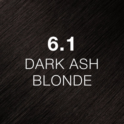 Silky hair texture showcasing the GK Hair's Juxevin Cream Color "6.1 Dark Ash Blonde" in bold white text.