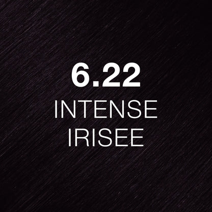 Silky hair texture showcasing the GK Hair's Juxevin Cream Color "6.22 Intense Irisee" in bold white text.