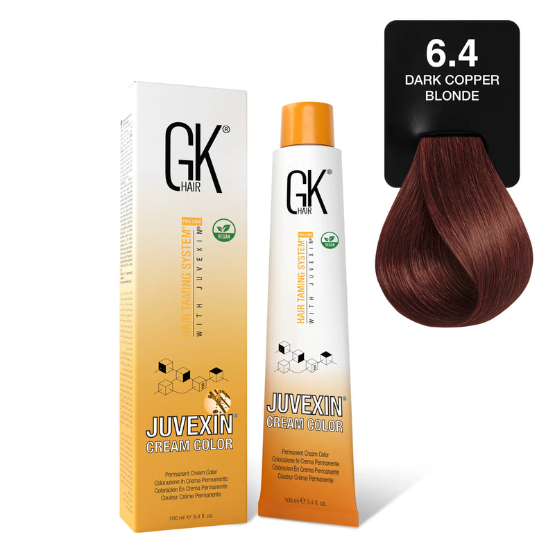 GK Hair's Juvexin 6.4 Dark Copper Blonde Cream Color product set including Volume Developer.