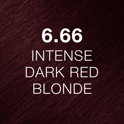 Silky hair texture showcasing the GK Hair's Juxevin Cream Color "6.66 Intense Dark Red Blonde" in bold white text.