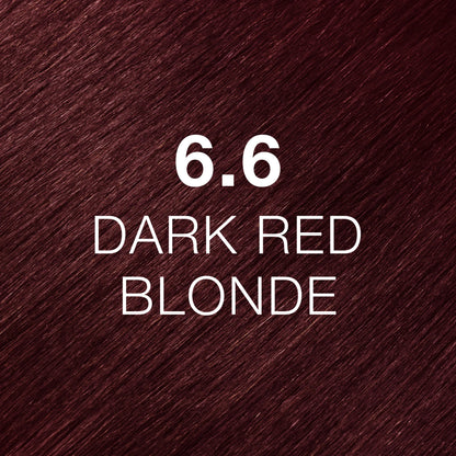 Silky hair texture showcasing the GK Hair's Juxevin Cream Color "6.6 Dark Red Blonde" in bold white text.