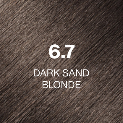 Silky hair texture showcasing the GK Hair's Juxevin Cream Color "6.7 Dark Sand Blonde" in bold white text.