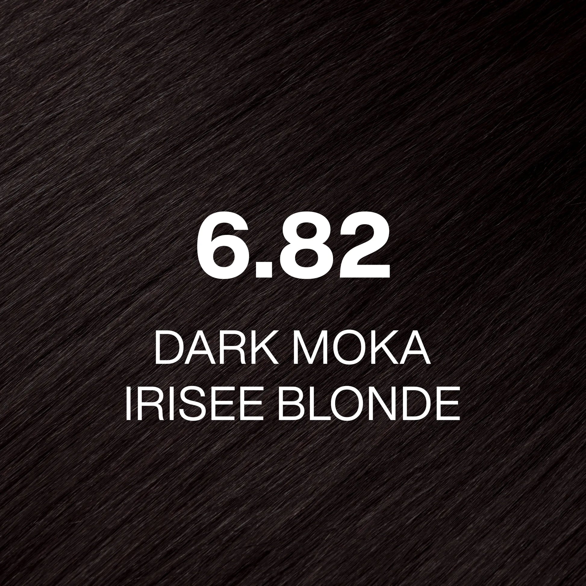 Silky hair texture showcasing the GK Hair's Juxevin Cream Color "6.82 Dark Moka Irisee Blonde" in bold white text.