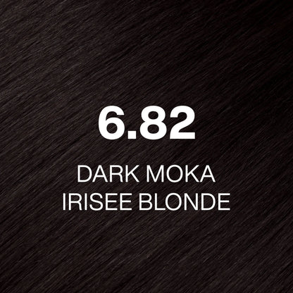 Silky hair texture showcasing the GK Hair's Juxevin Cream Color "6.82 Dark Moka Irisee Blonde" in bold white text.