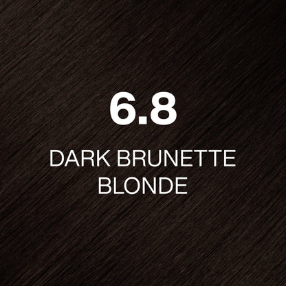 Silky hair texture showcasing the GK Hair's Juxevin Cream Color "6.8 Dark Brunette Blonde" in bold white text.