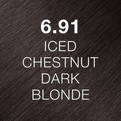 Silky hair texture showcasing the GK Hair's Juxevin Cream Color "6.91 Iced Chestnut Dark Blonde" in bold white text.