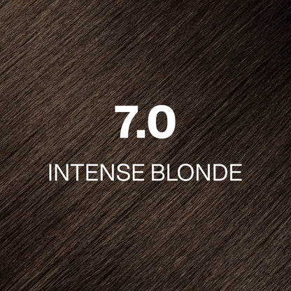 Silky hair texture showcasing the GK Hair's Juxevin Cream Color "7.00 Super Intense Blonde" in bold white text.