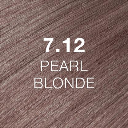 Silky hair texture showcasing the GK Hair's Juxevin Cream Color "7.12 Pearl Blonde" in bold white text.