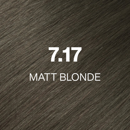 Silky hair texture showcasing the GK Hair's Juxevin Cream Color "7.17 Matt Blonde" in bold white text.