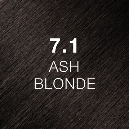Silky hair texture showcasing the GK Hair's Juxevin Cream Color "7.1 Ash Blonde" in bold white text.