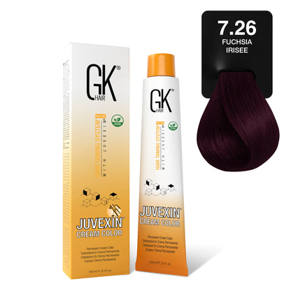 GK Hair's Juvexin 7.26 Fuchsia Irisee Cream Color product set including Volume Developer.
