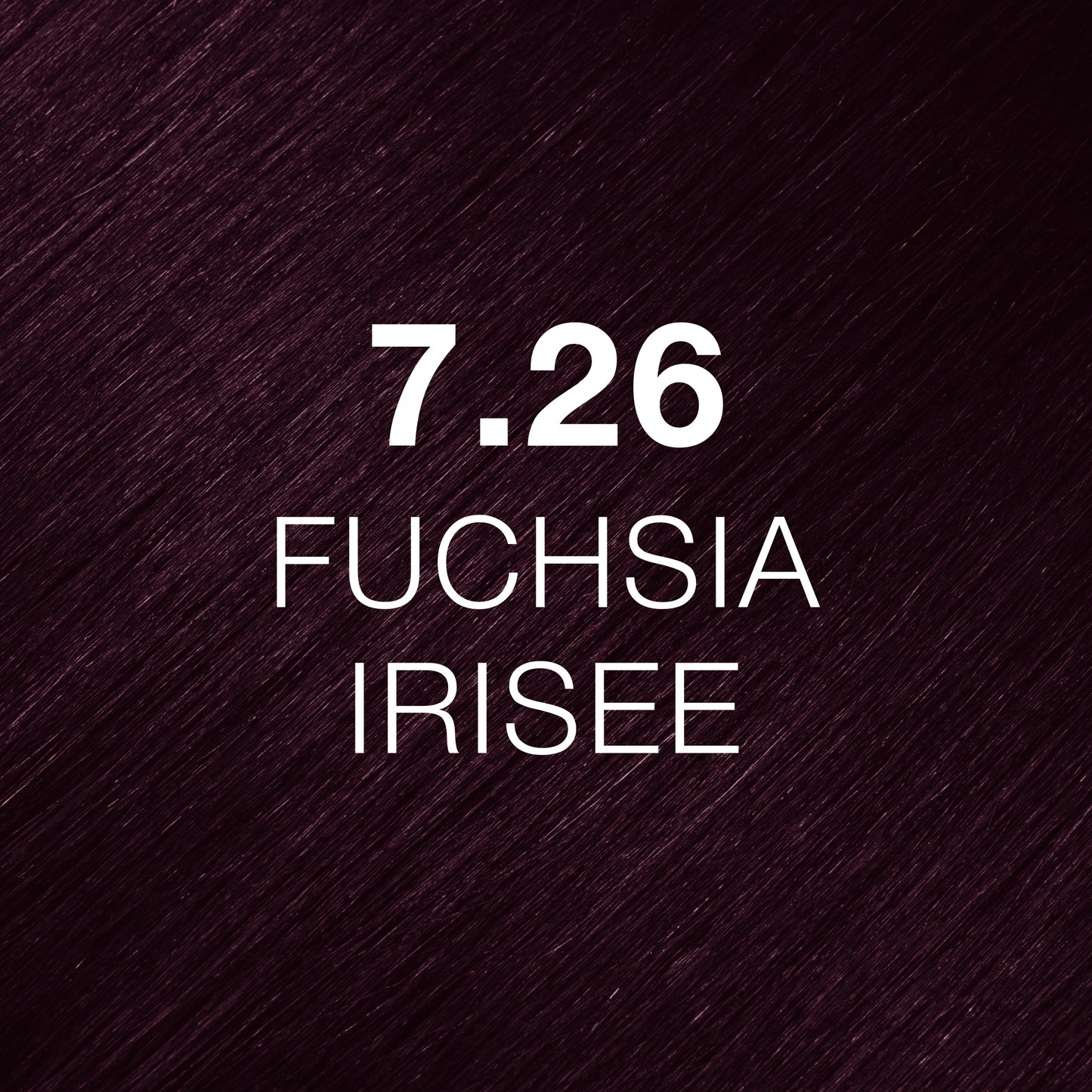 Silky hair texture showcasing the GK Hair's Juxevin Cream Color "7.26 Fuchsia Irisee" in bold white text.