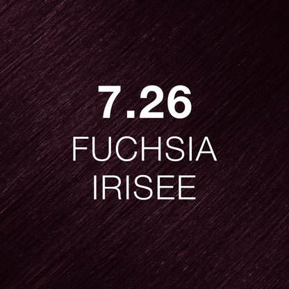 Silky hair texture showcasing the GK Hair's Juxevin Cream Color "7.26 Fuchsia Irisee" in bold white text.