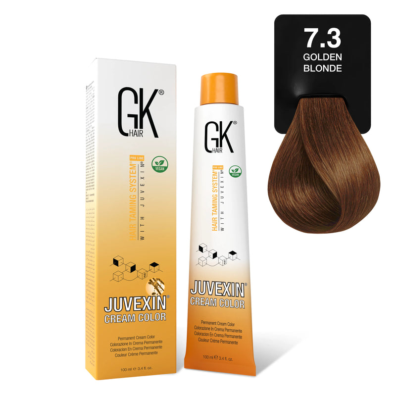 GK Hair's Juvexin 7.3 Golden Blonde Cream Color product set including Volume Developer.
