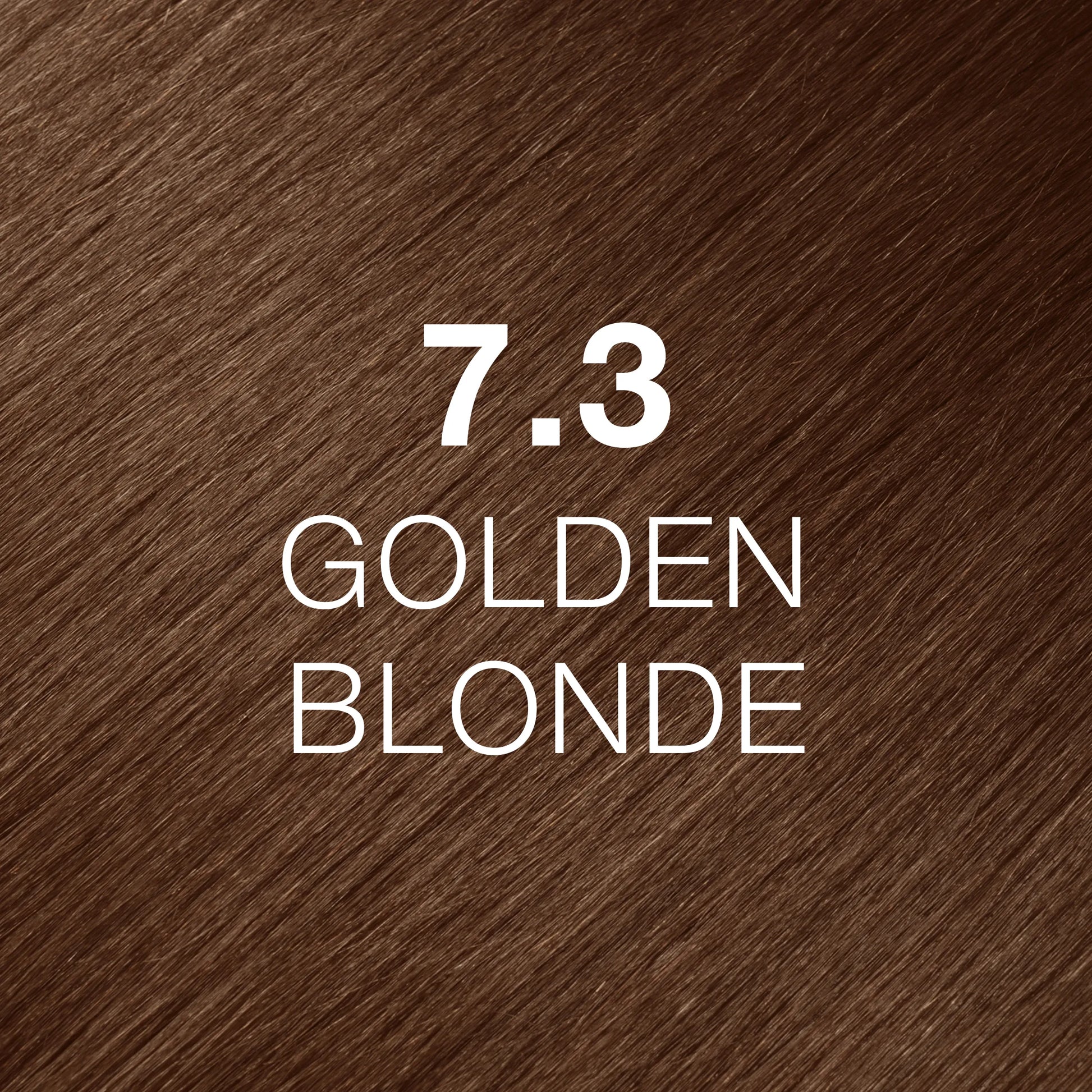 Silky hair texture showcasing the GK Hair's Juxevin Cream Color "7.3 Golden Blonde" in bold white text.