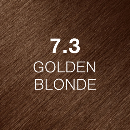 Silky hair texture showcasing the GK Hair's Juxevin Cream Color "7.3 Golden Blonde" in bold white text.