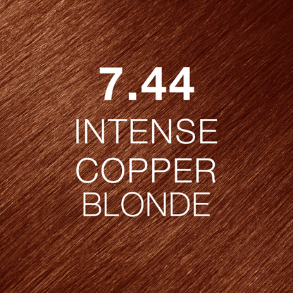 Silky hair texture showcasing the GK Hair's Juxevin Cream Color "7.44 Intense Copper Chestnut" in bold white text.