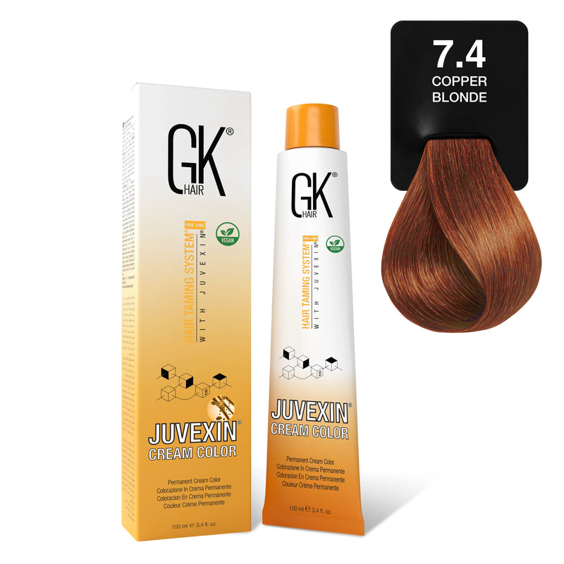 GK Hair's Juvexin 7.4 Copper Blonde Cream Color product set including Volume Developer.