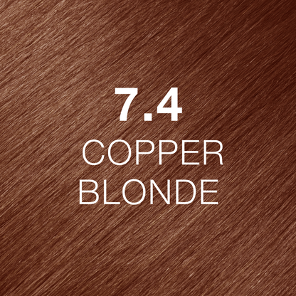 Silky hair texture showcasing the GK Hair's Juxevin Cream Color "7.4 Copper Blonde" in bold white text.
