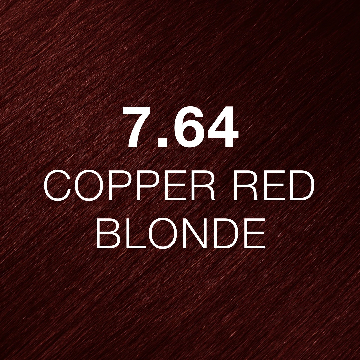Silky hair texture showcasing the GK Hair's Juxevin Cream Color "7.64 Copper Red Blonde" in bold white text.