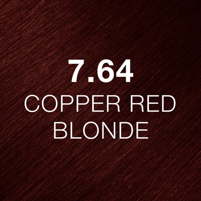 Silky hair texture showcasing the GK Hair's Juxevin Cream Color "7.64 Copper Red Blonde" in bold white text.