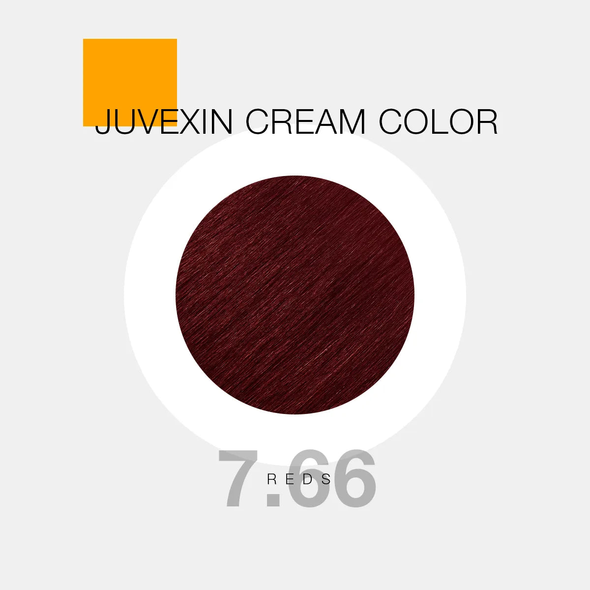 GK Hair Juvexin Cream Color Promotion shade 7.66 Reds swatch card, circle of vivid burgundy red hair