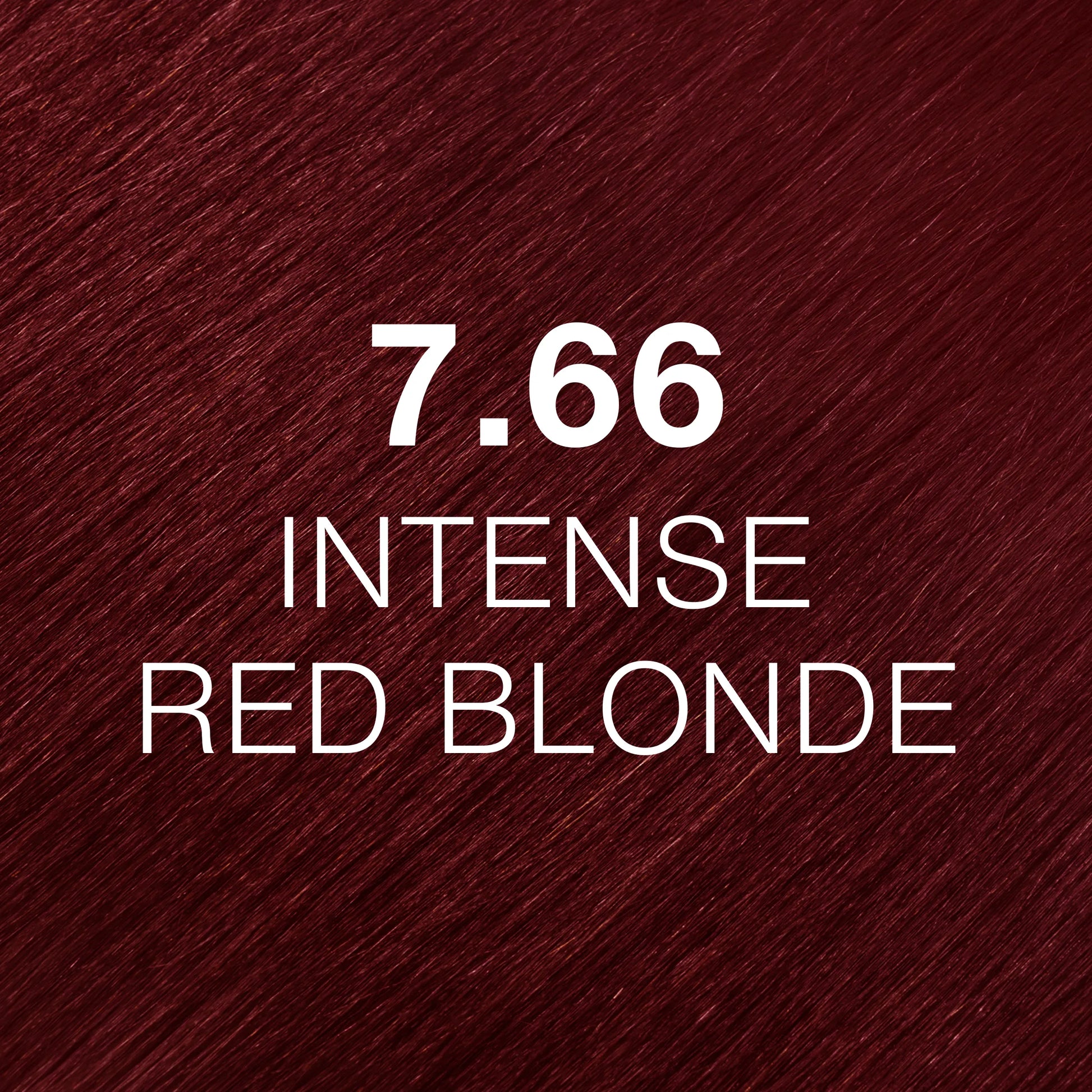 Silky hair texture showcasing the GK Hair's Juxevin Cream Color "7.66 Intense Red Blonde" in bold white text.
