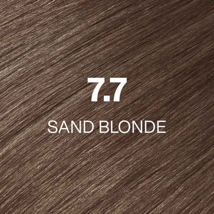 Silky hair texture showcasing the GK Hair's Juxevin Cream Color "7.7 Sand Blonde" in bold white text.