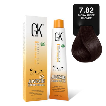 GK Hair's Juvexin 7.82 Moka Irisee Blonde Cream Color product set, including Volume Developer, on a white background.