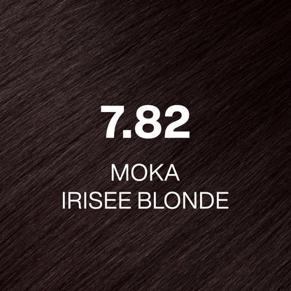 Silky hair texture showcasing the GK Hair's Juxevin Cream Color "7.82 Moka Irisee Blonde" in bold white text.