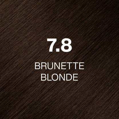 Silky hair texture showcasing the GK Hair's Juxevin Cream Color "7.8 Brunette Blonde" in bold white text.