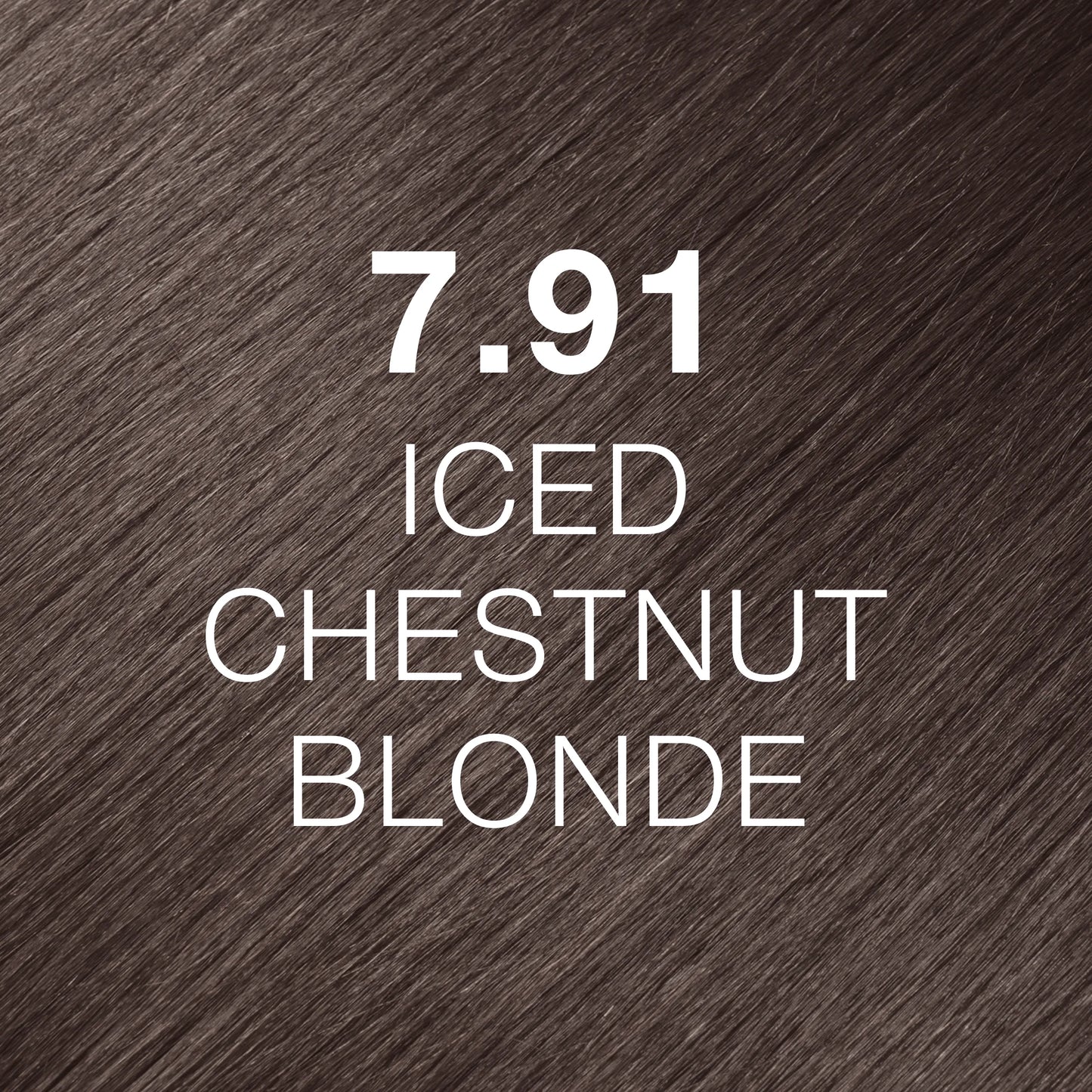 Silky hair texture showcasing the GK Hair's Juxevin Cream Color "7.91 Iced Chestnut Blonde" in bold white text.