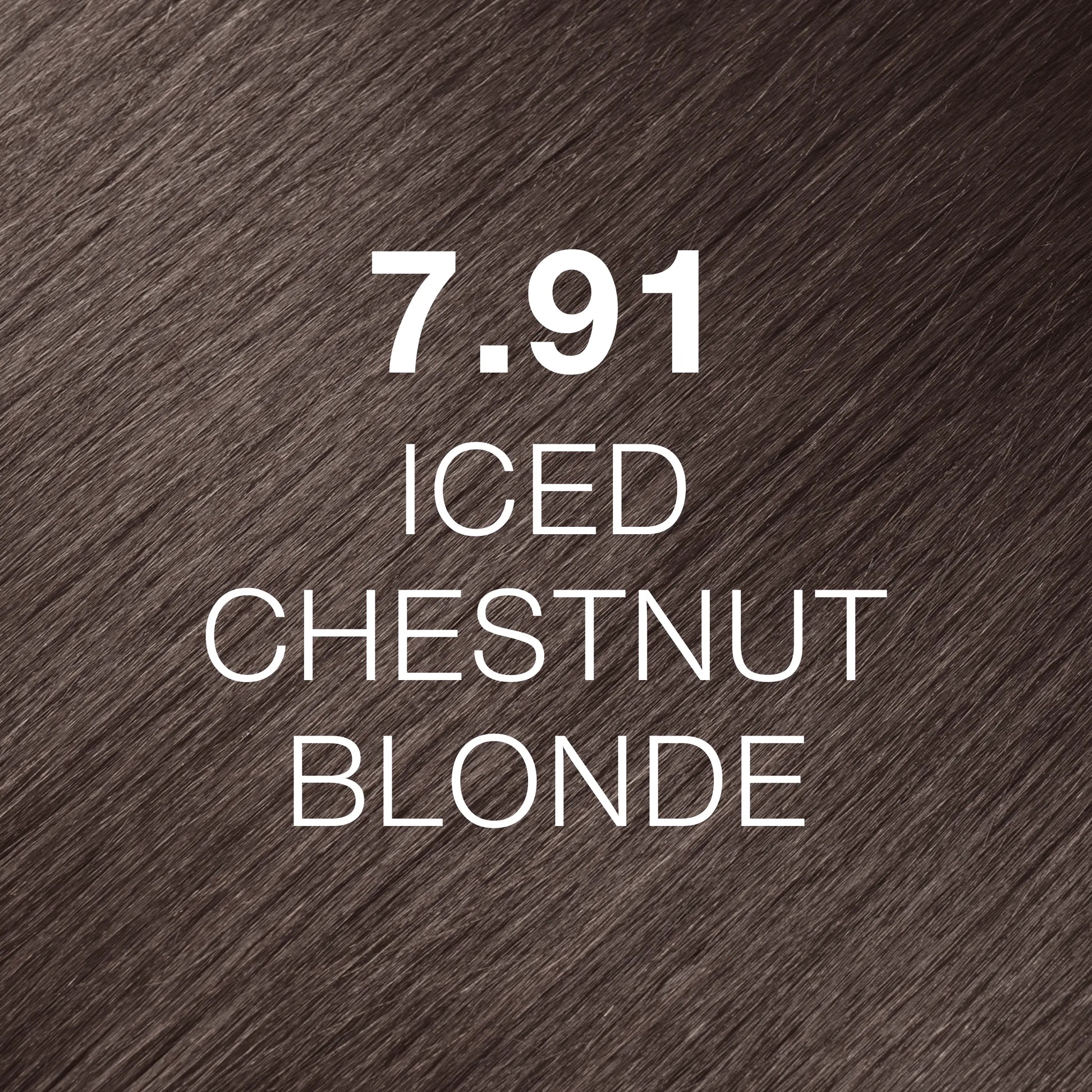 Silky hair texture showcasing the GK Hair's Juxevin Cream Color "7.91 Iced Chestnut Blonde" in bold white text.