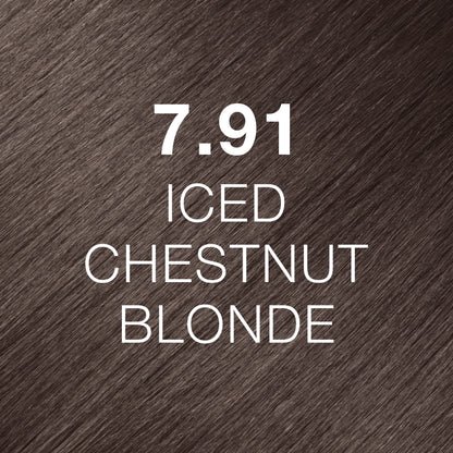 Silky hair texture showcasing the GK Hair's Juxevin Cream Color "7.91 Iced Chestnut Blonde" in bold white text.