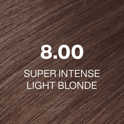 Silky hair texture showcasing the GK Hair's Juxevin Cream Color "8.00 Super Intense Light Blonde" in bold white text.