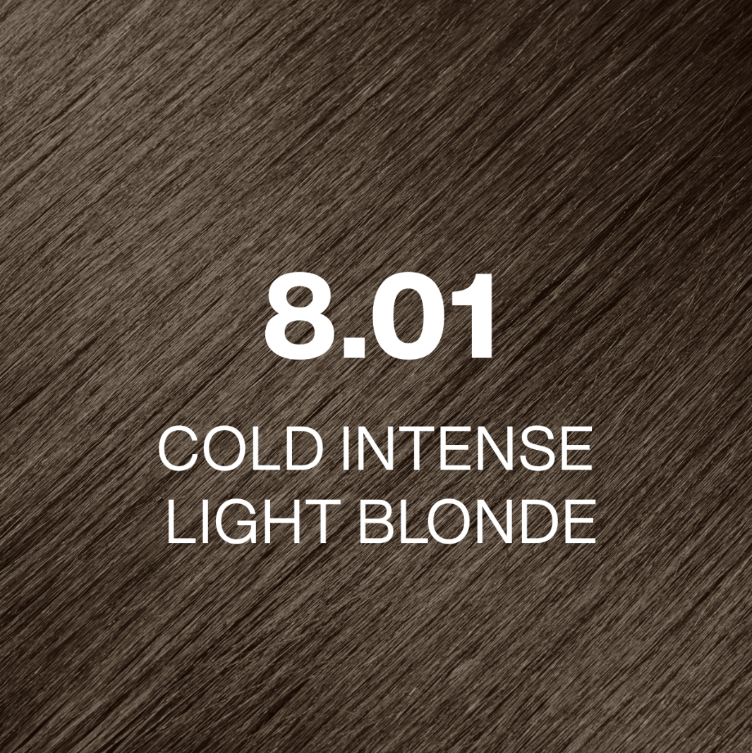 Silky hair texture showcasing the GK Hair's Juxevin Cream Color "8.01 Cold Intense Light Blonde" in bold white text.