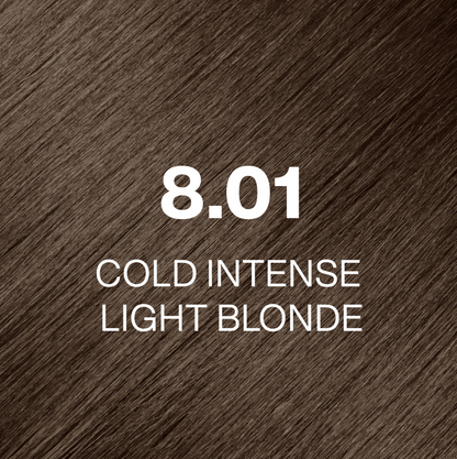Silky hair texture showcasing the GK Hair's Juxevin Cream Color "8.01 Cold Intense Light Blonde" in bold white text.