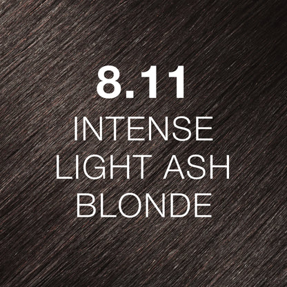 Silky hair texture showcasing the GK Hair's Juxevin Cream Color "8.11 Intense Ash Blonde" in bold white text.
