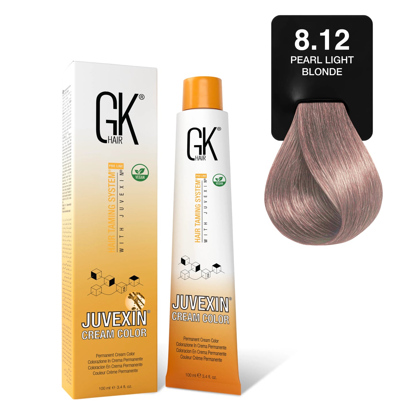 GK Hair's Juvexin 8.12 Pearl Light Blonde Cream Color product set includes Volume Developer.